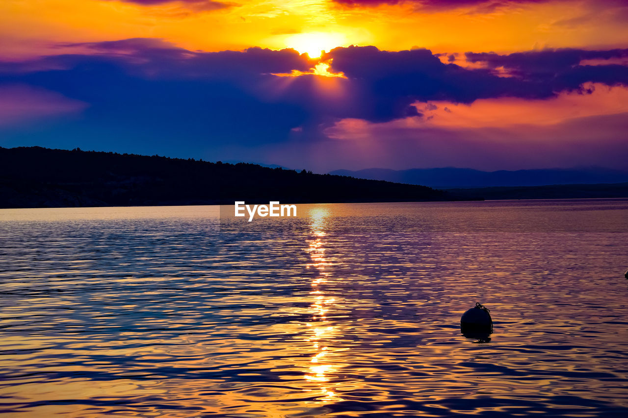 DUCKS SWIMMING IN SEA DURING SUNSET