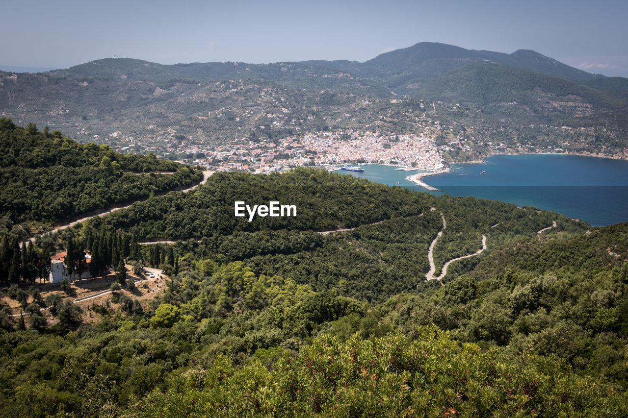 High angle view of landscape and mountains