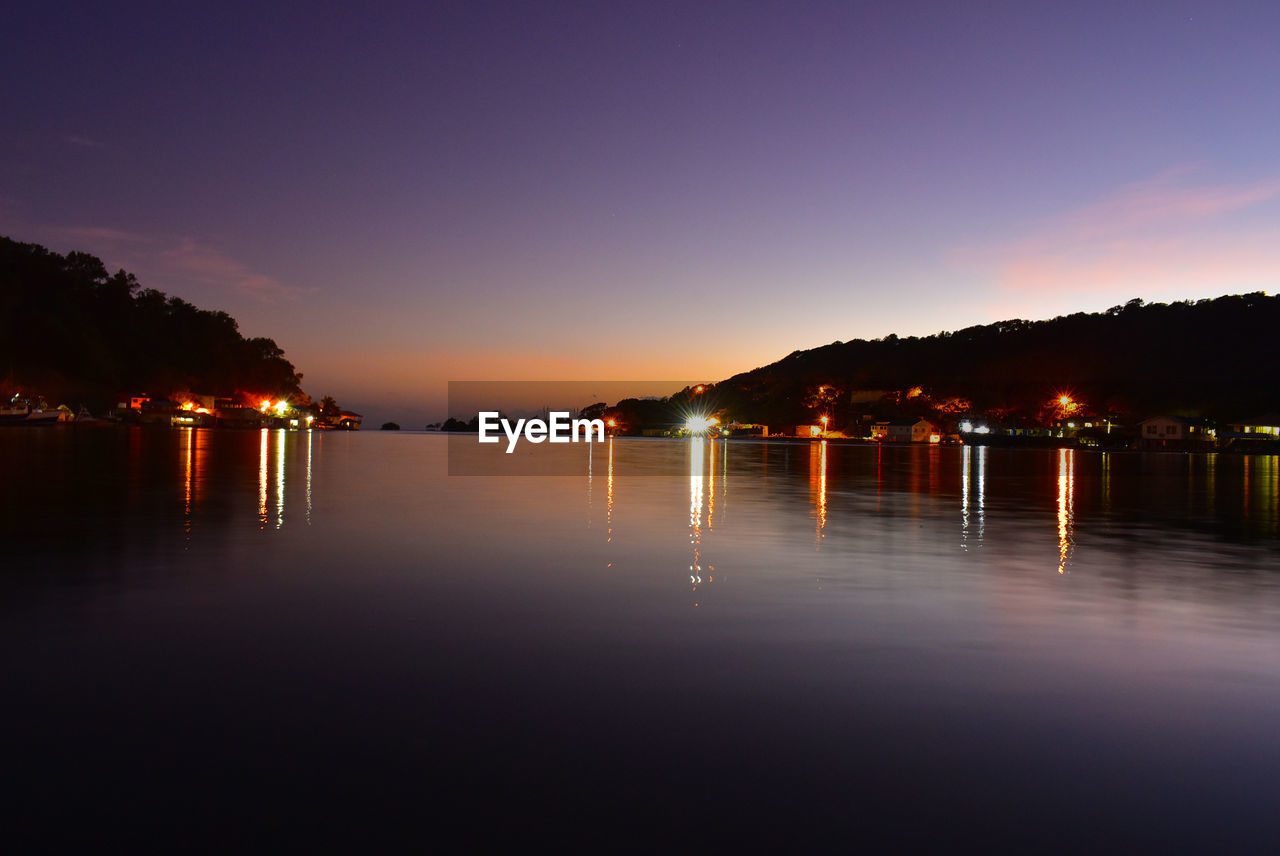 Scenic view of lake against sky at sunset