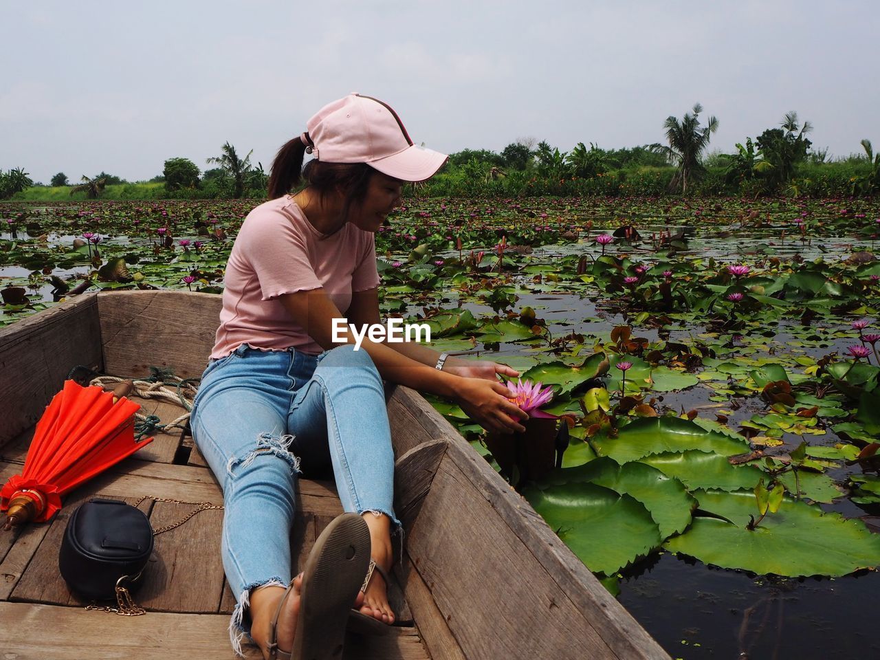 Full length of young woman touching lotus water lily while sitting in boat against sky