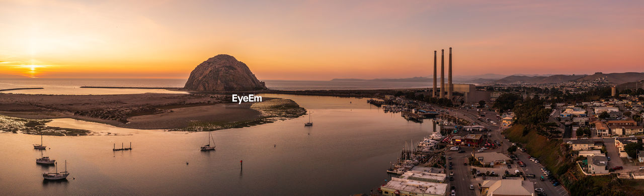 high angle view of townscape against sky during sunset