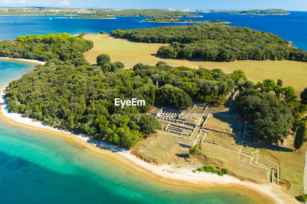 Aerial view of the verige bay with the ruins of roman villa in brijuni national park