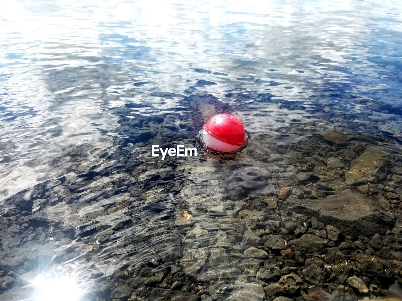 HIGH ANGLE VIEW OF RED FLOATING ON SEA WATER