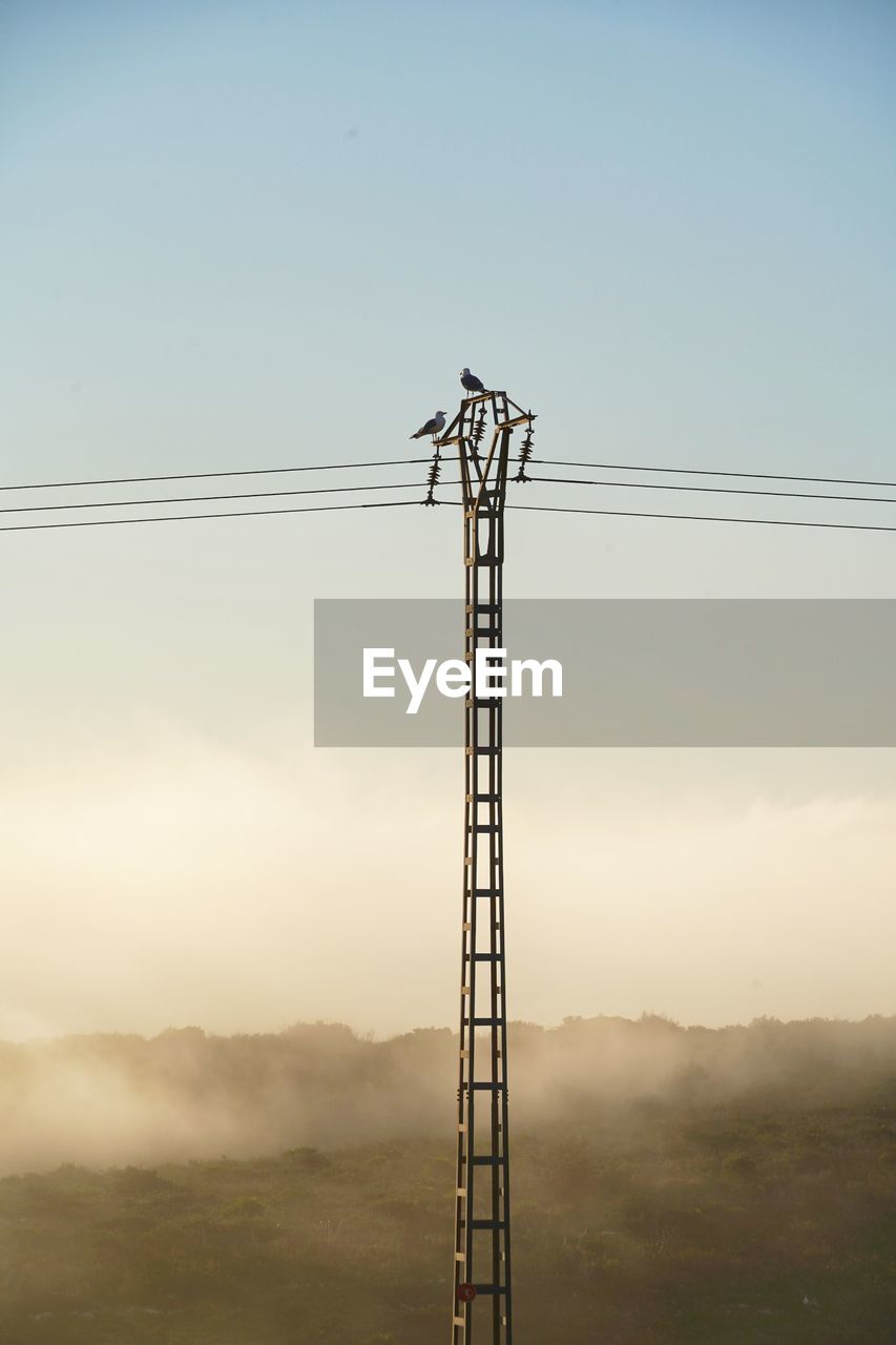 Low angle view of electricity pylon on field against sky