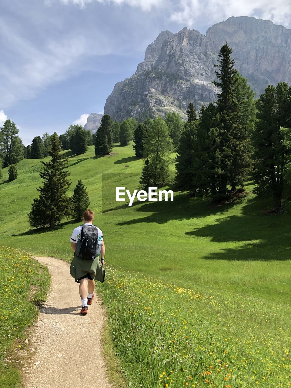 Rear view of man walking on mountain