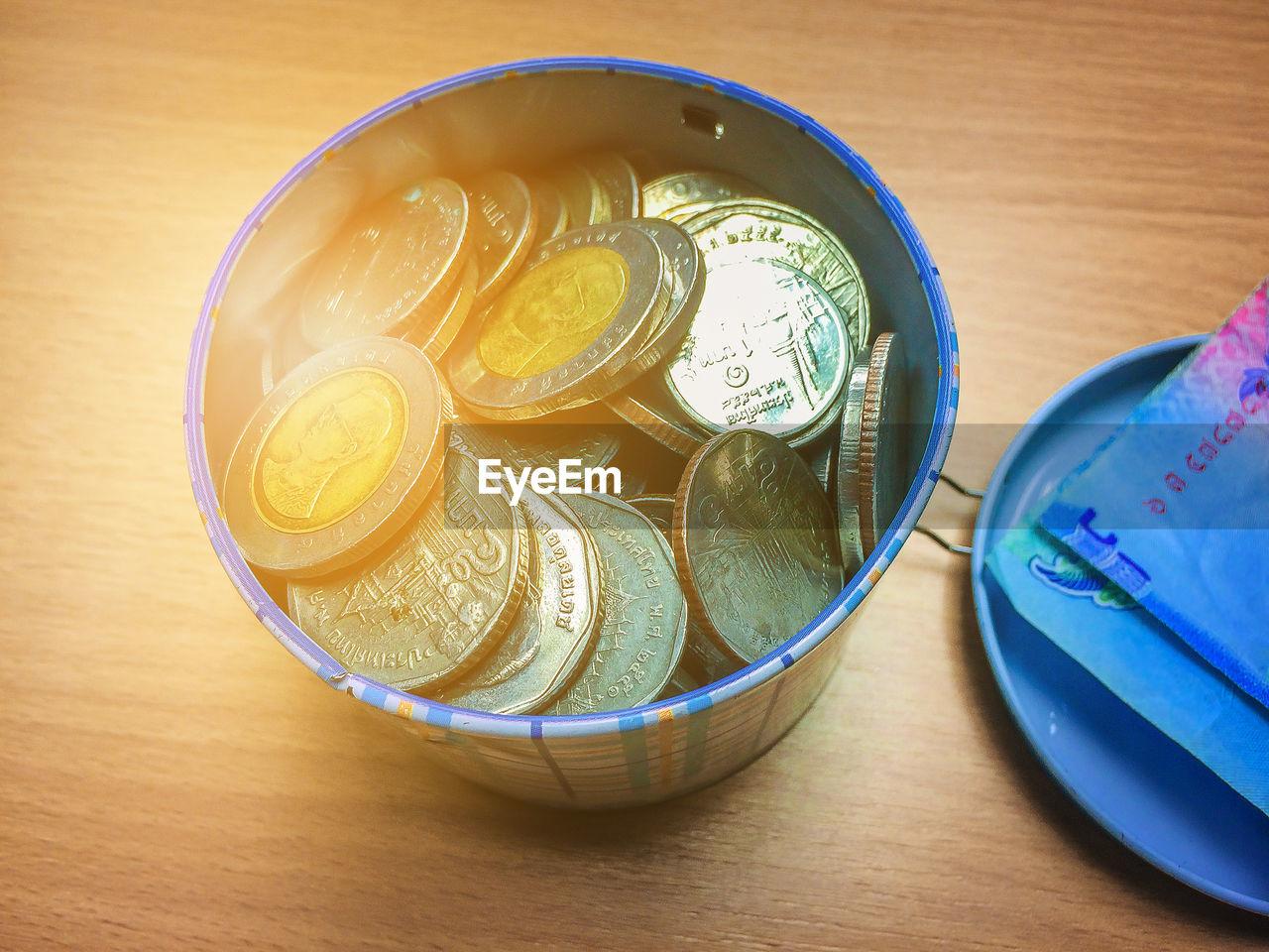 HIGH ANGLE VIEW OF COINS