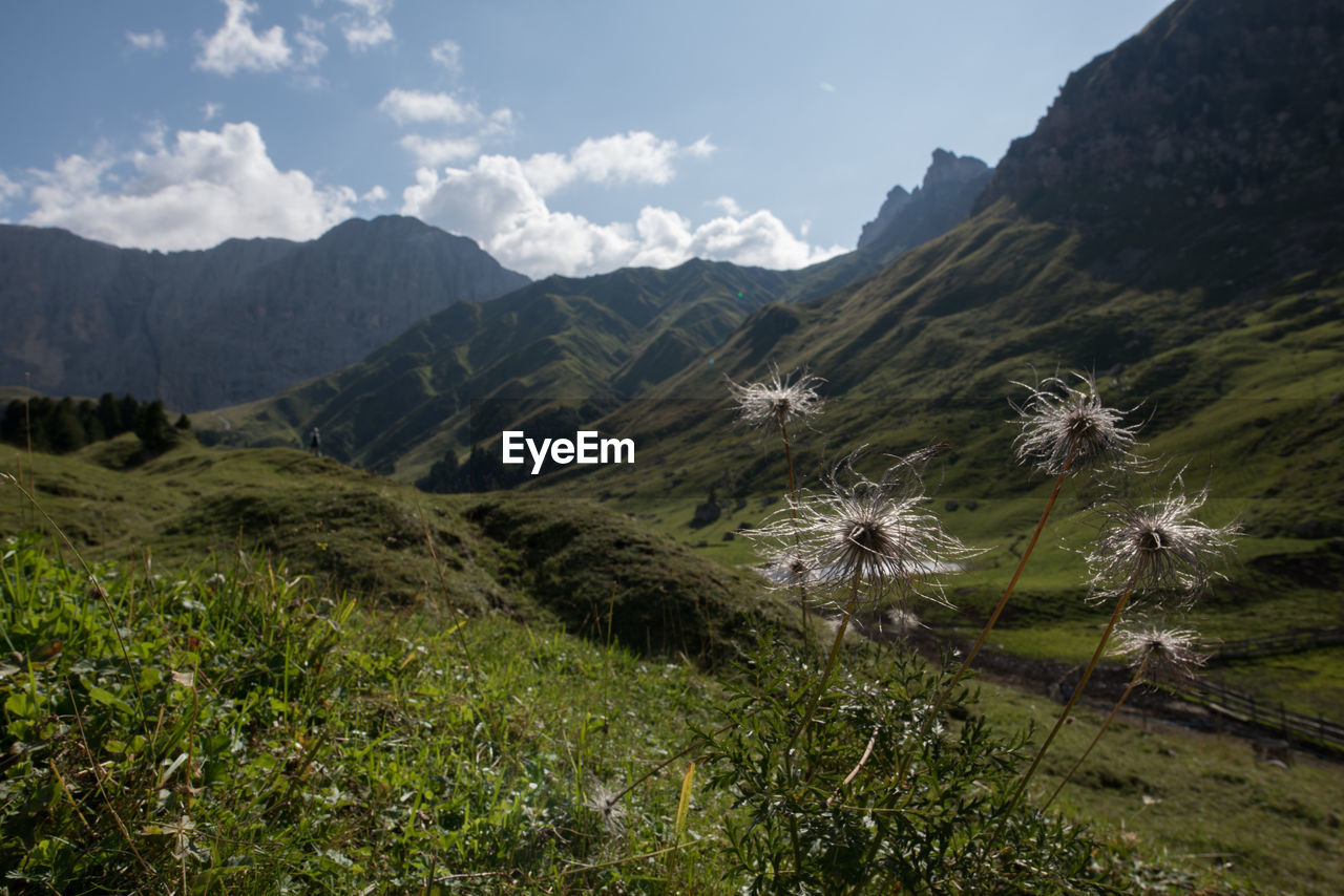 Scenic view of land and mountains against sky