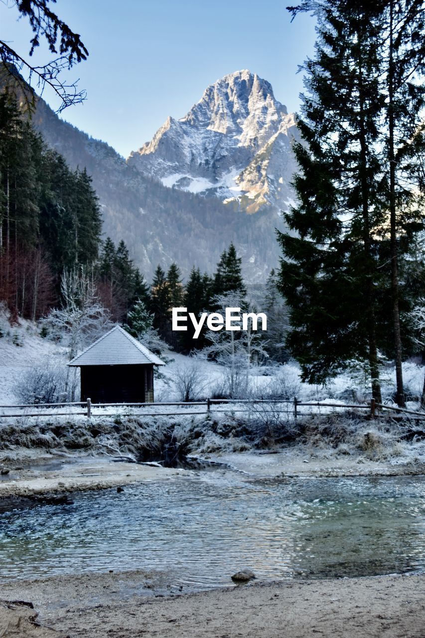 Scenic view of river with snow covered mountains and trees against sky