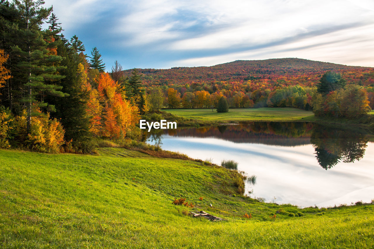 Scenic view of lake by trees against sky during autumn