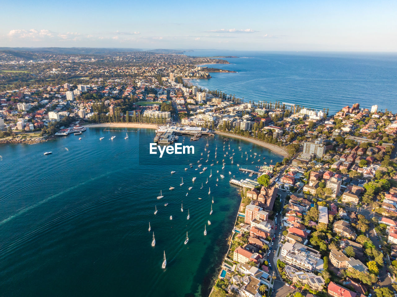 Drone view of manly, sydney, new south wales, australia. manly harbour, manly beach in background.