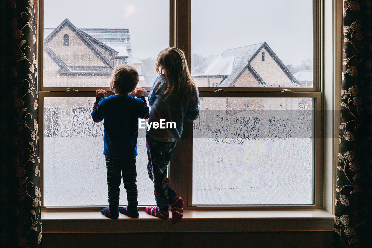 Rear view of siblings looking through window