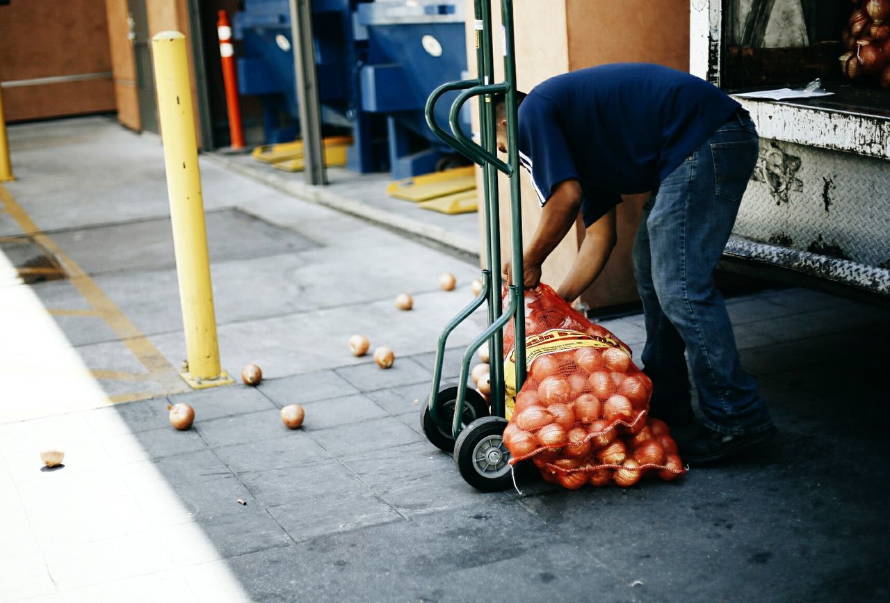 Full length of man holding sack on onions
