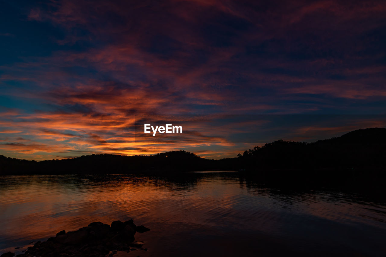 Scenic view of lake against sky during sunset