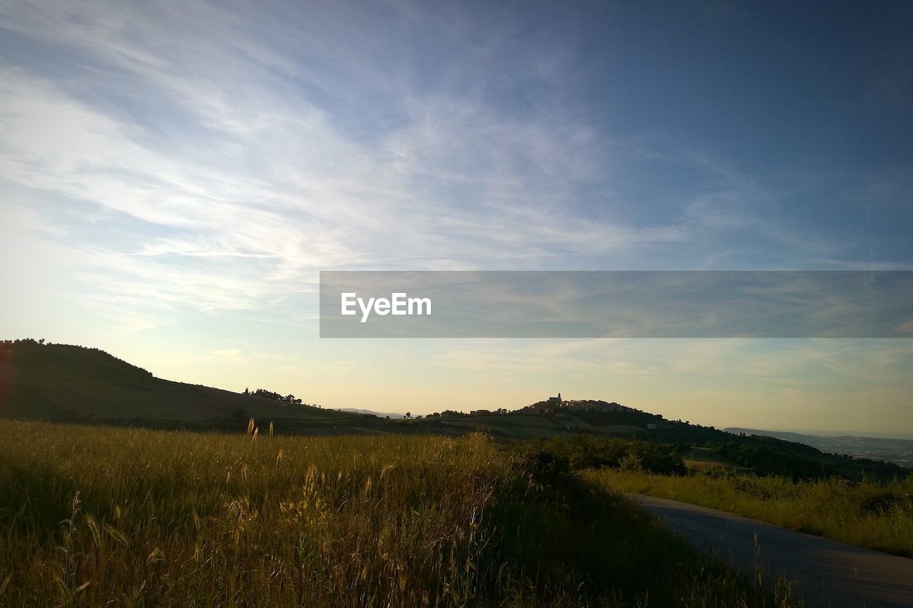 SCENIC VIEW OF AGRICULTURAL FIELD AGAINST SKY DURING SUNSET