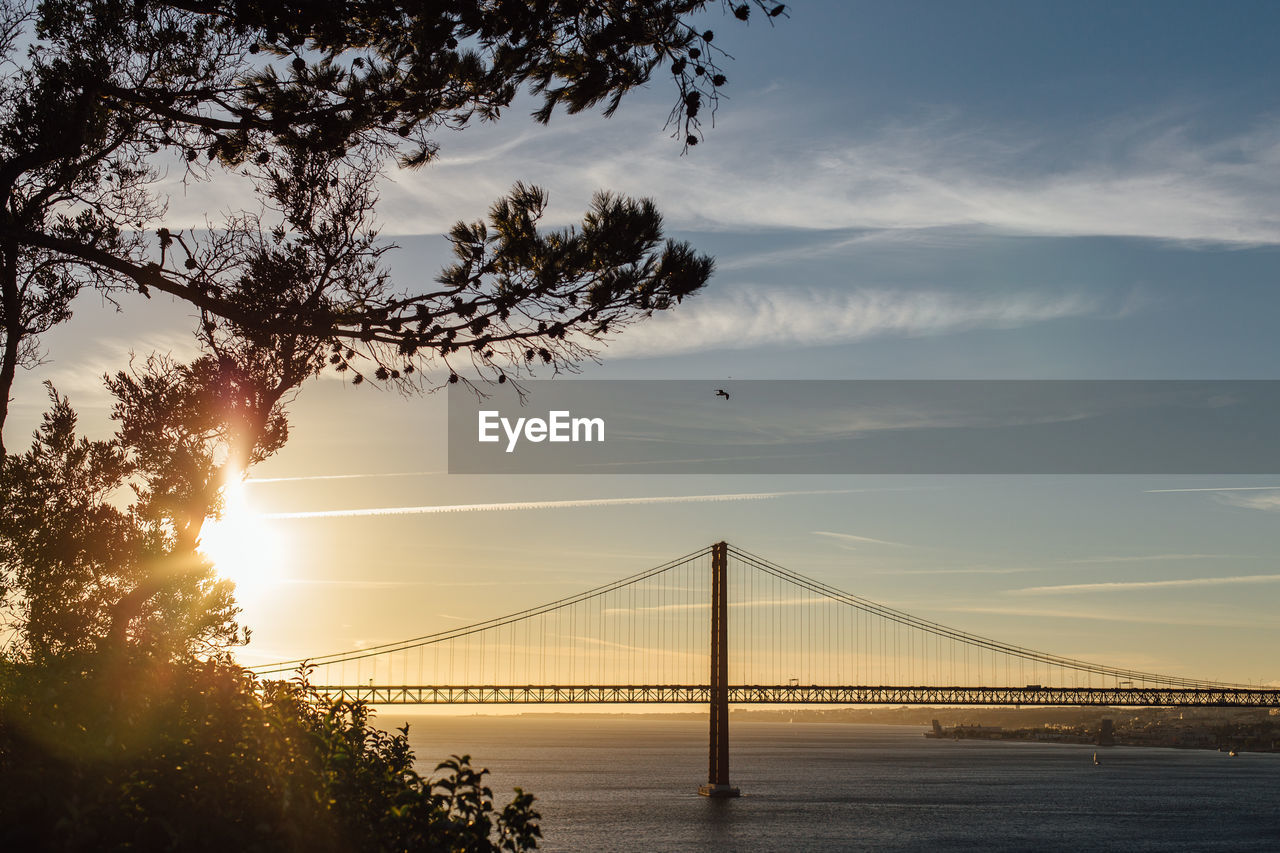 Suspension bridge over river during sunset