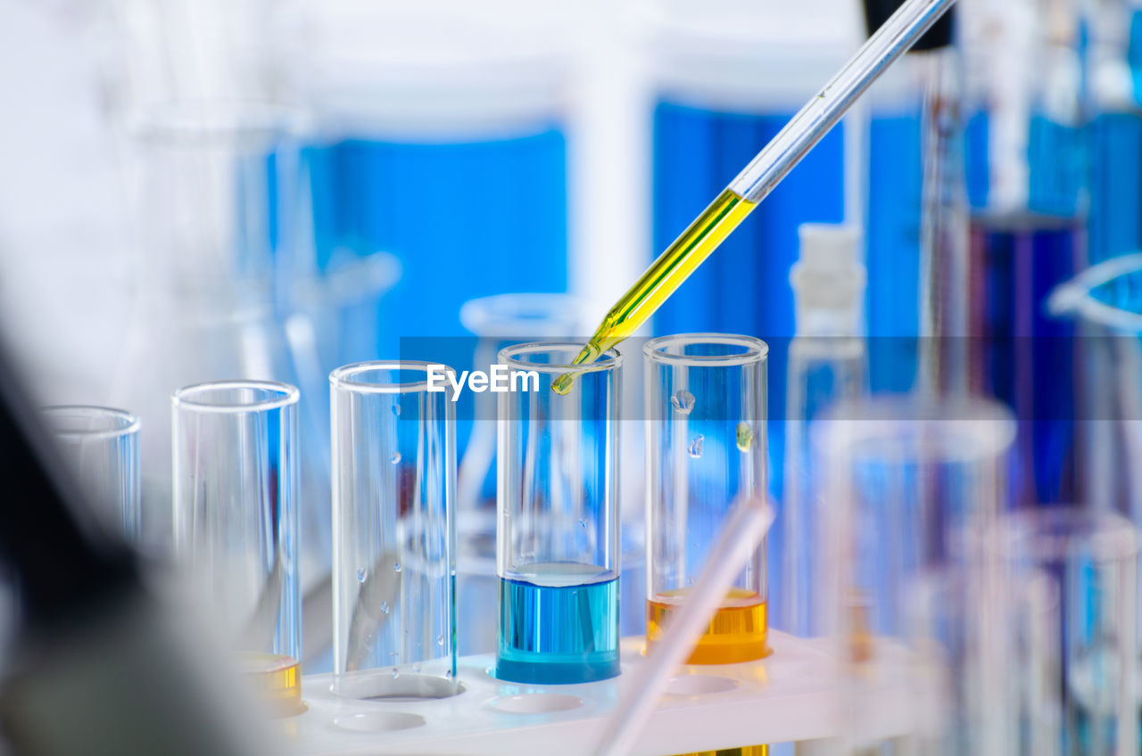 Close-up of chemicals in test tubes at laboratory