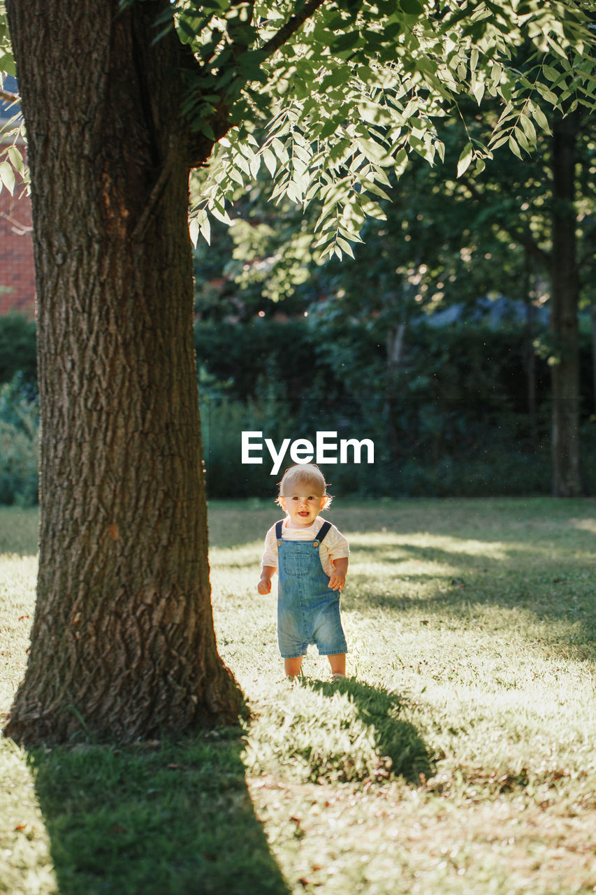 Full length of woman on tree trunk