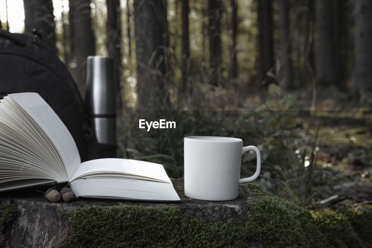 Close-up of open book by coffee cup in forest