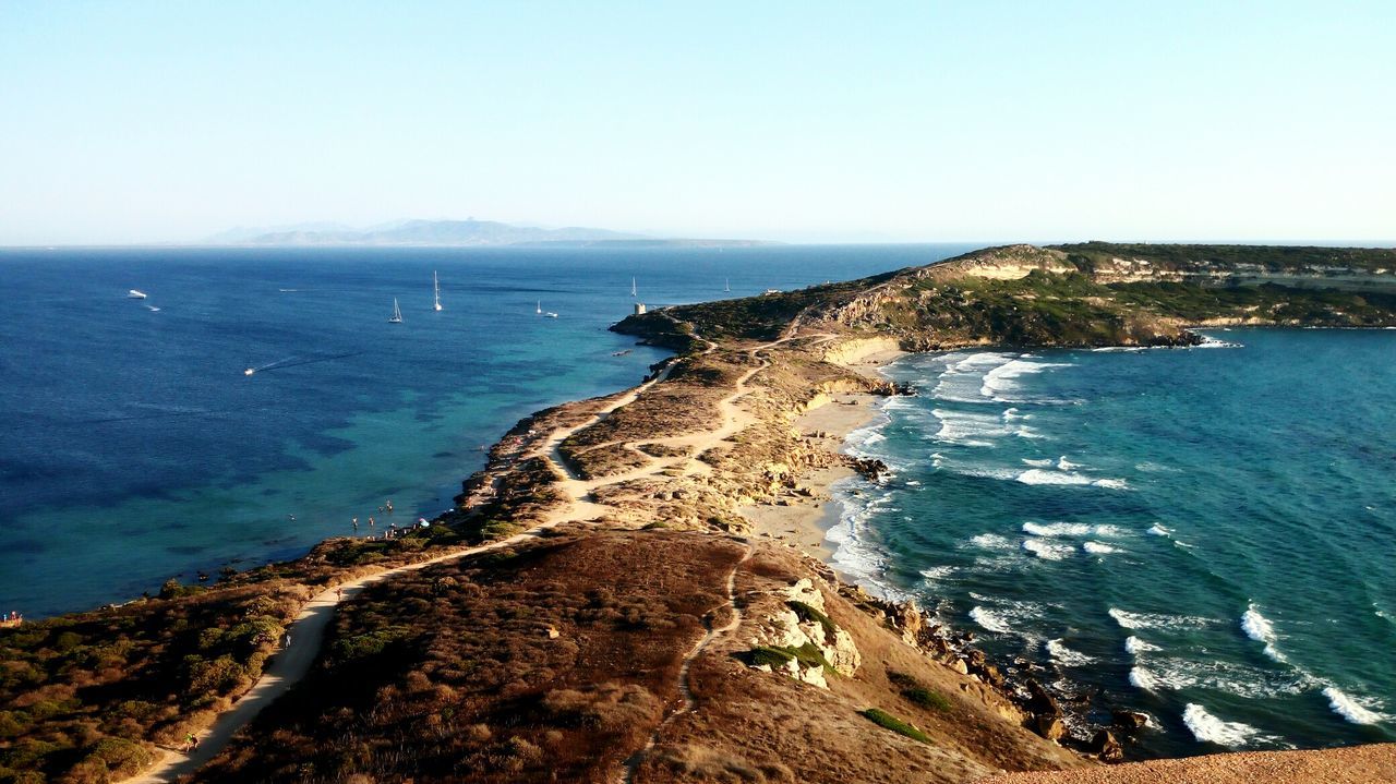 High angle view of sea against clear sky