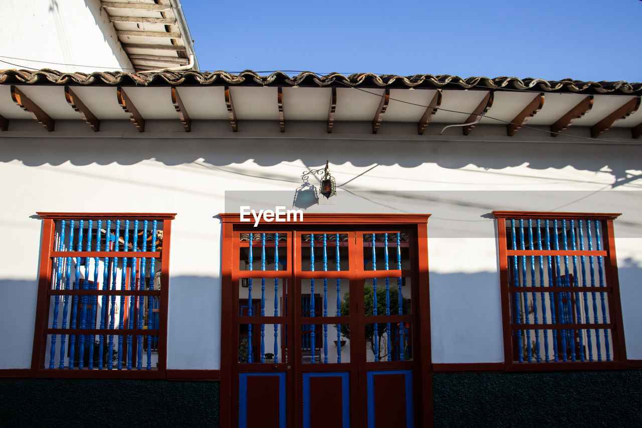 Facade of the houses at the heritage town of salamina in colombia.