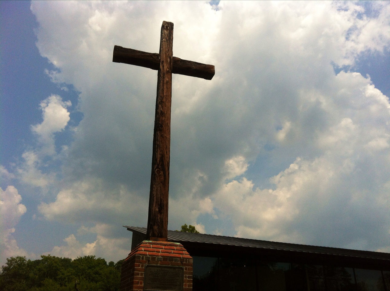 LOW ANGLE VIEW OF CROSS AT TEMPLE AGAINST SKY