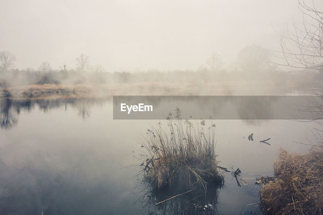 Scenic view of lake in foggy weather