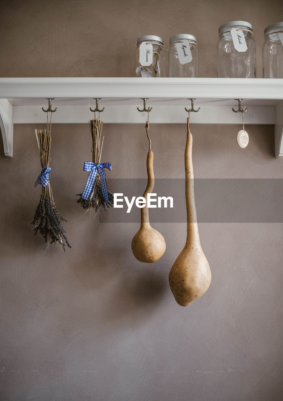 Low angle view of plant and vegetables hanging on shelf by wall