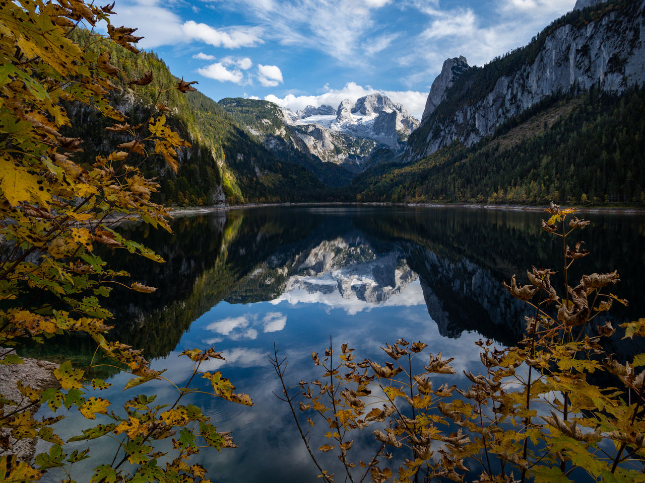 Scenic view of lake by mountains against sky