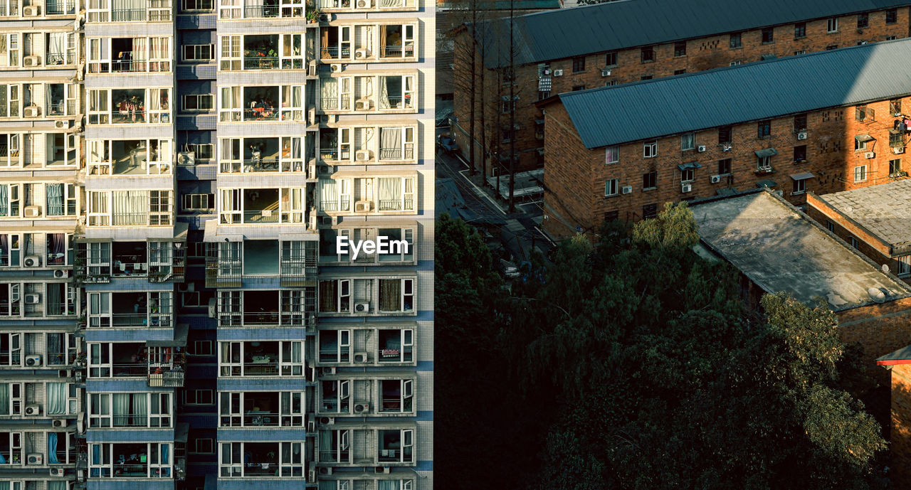 High angle view of buildings in city