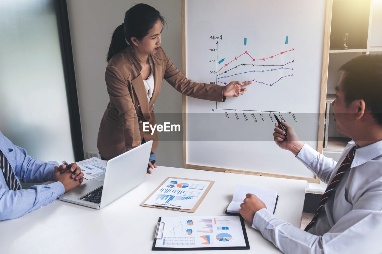 Business people discussing over graph in office