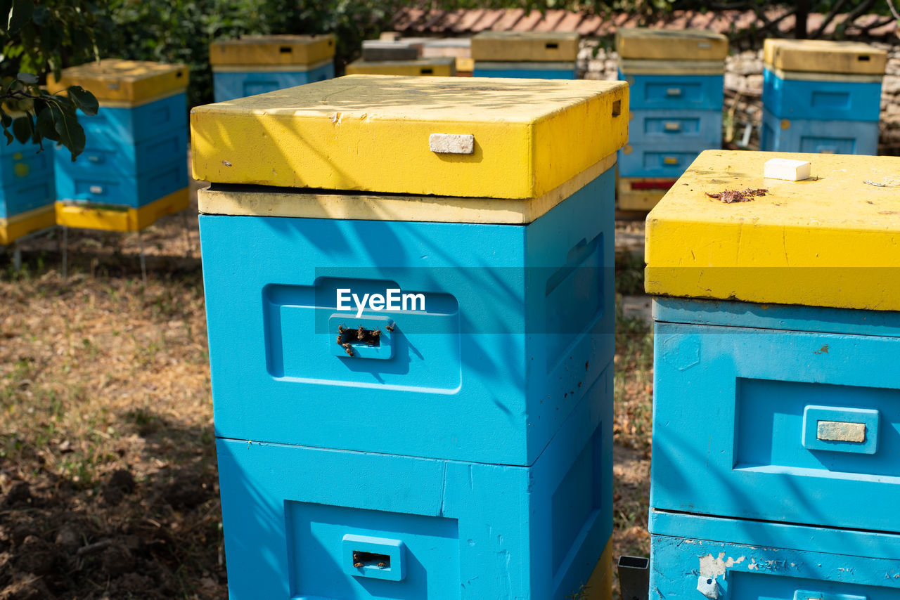 Several plastic/styropharm bee hives, placed among trees in village backyard