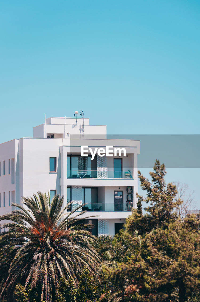 LOW ANGLE VIEW OF PALM TREES AND BUILDING AGAINST CLEAR SKY