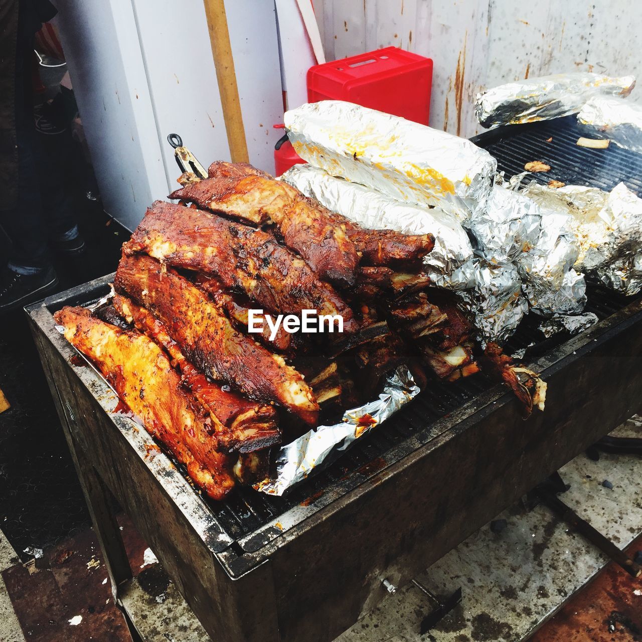 Stack of meat on barbecue grill