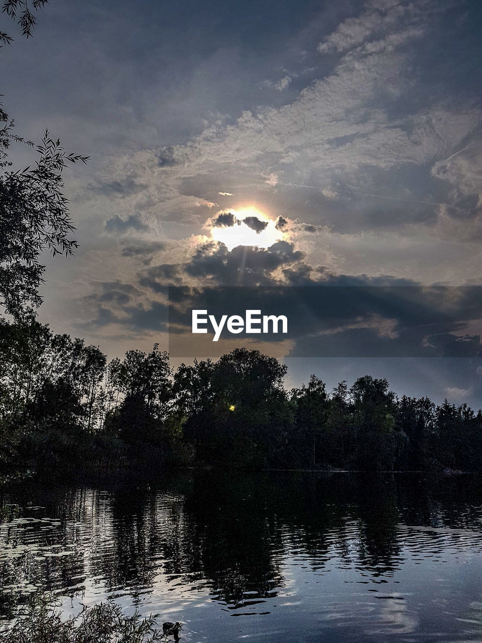 REFLECTION OF SILHOUETTE TREES IN LAKE AGAINST SKY