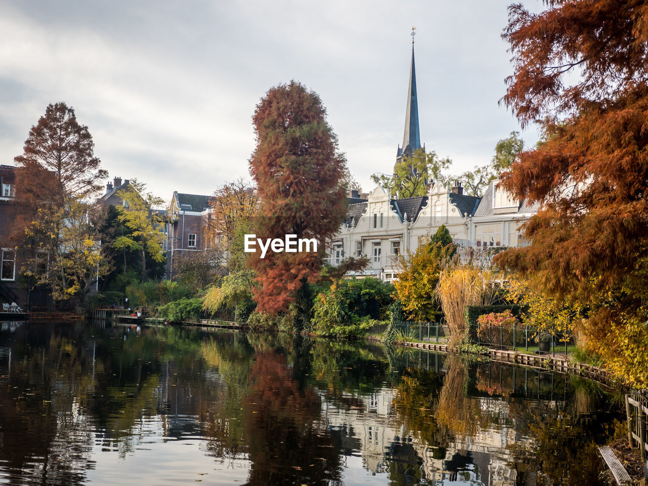 TREES BY LAKE AGAINST BUILDINGS IN CITY