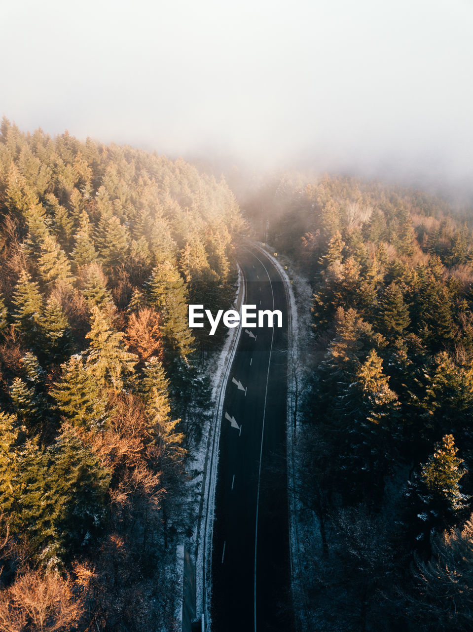 Moody aerial autumn landscape.foggy forest and country road from above at sunrise. travel concept