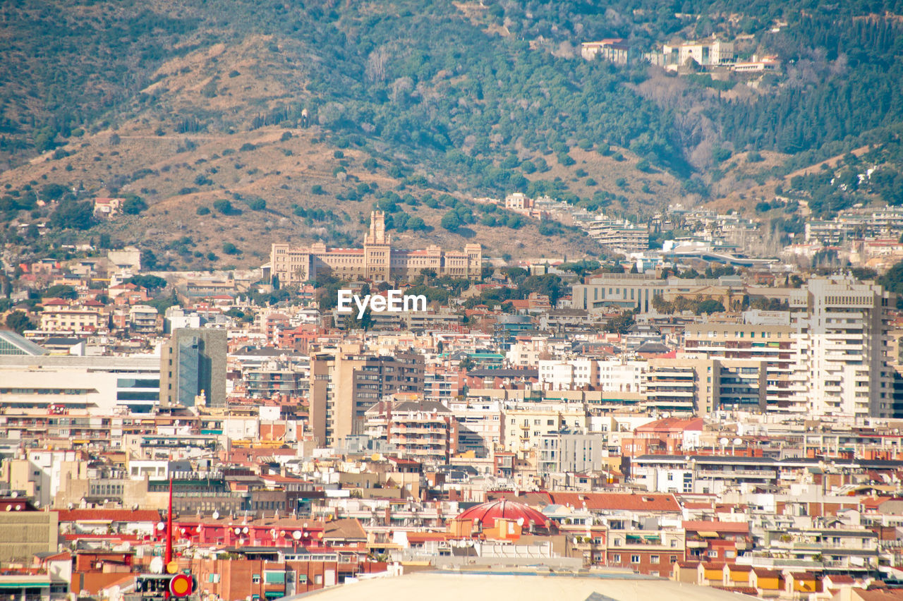 High angle view of buildings in city, barcelona 