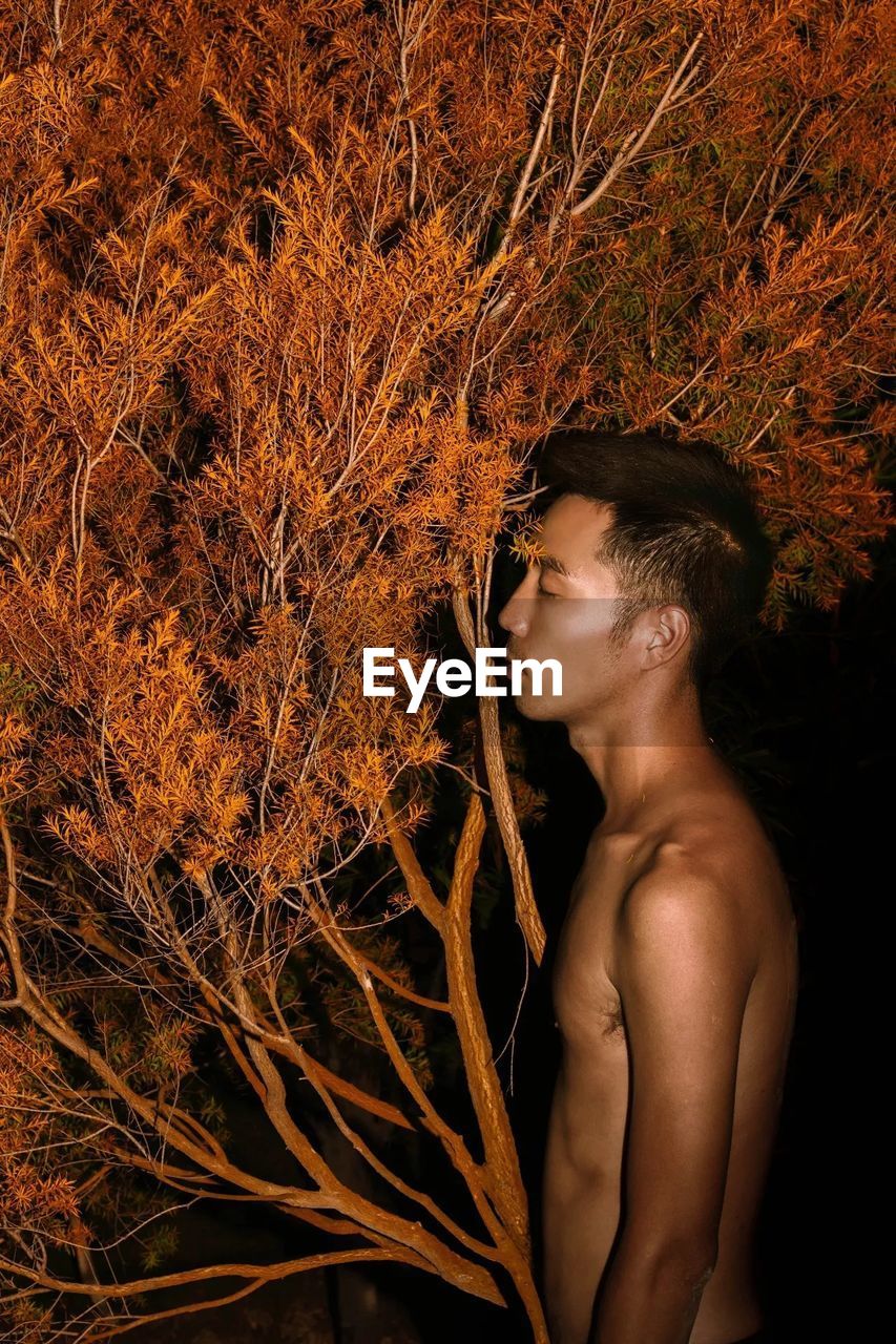 Side view of shirtless young man standing by plant at night