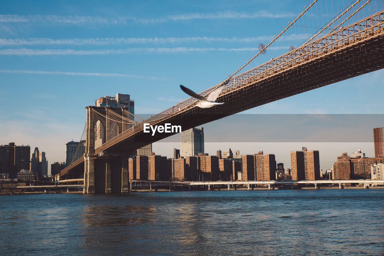 Low angle view of bridge over river with city in background