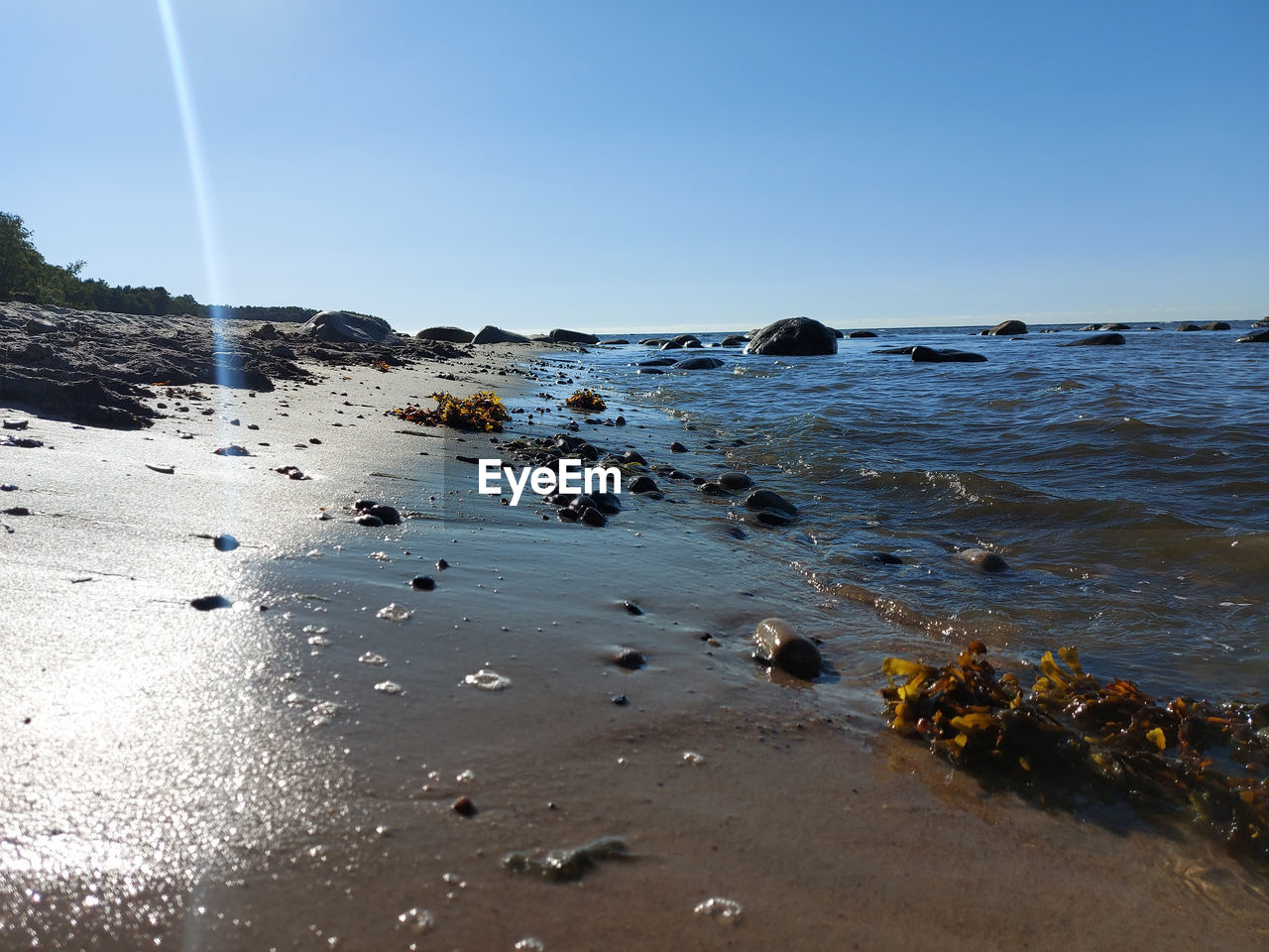 water, sea, shore, sky, body of water, land, ocean, wave, coast, beach, nature, horizon, beauty in nature, scenics - nature, rock, environment, sand, clear sky, reflection, tranquility, no people, wind wave, motion, bay, day, outdoors, travel destinations, blue, tranquil scene, travel, sunlight, coastline, landscape, sunny, morning, horizon over water, non-urban scene