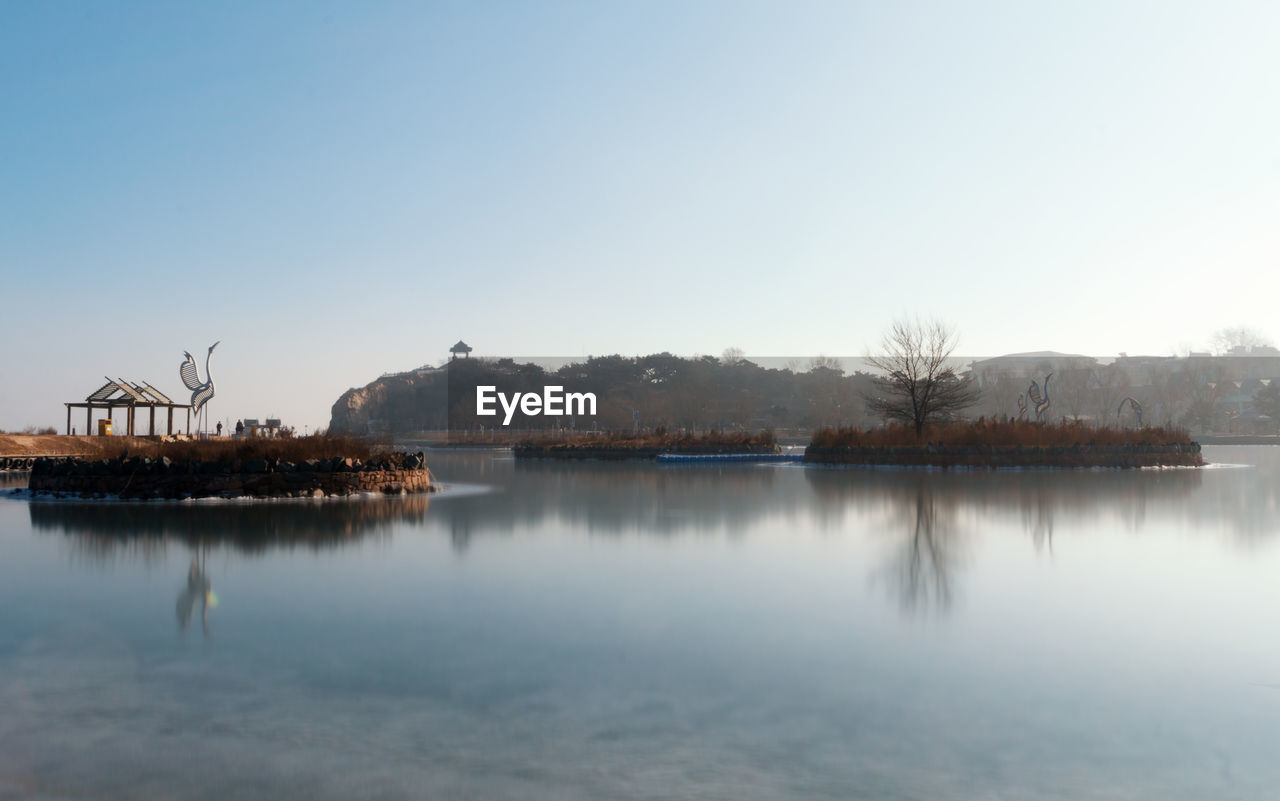 Scenic view of lake against clear sky