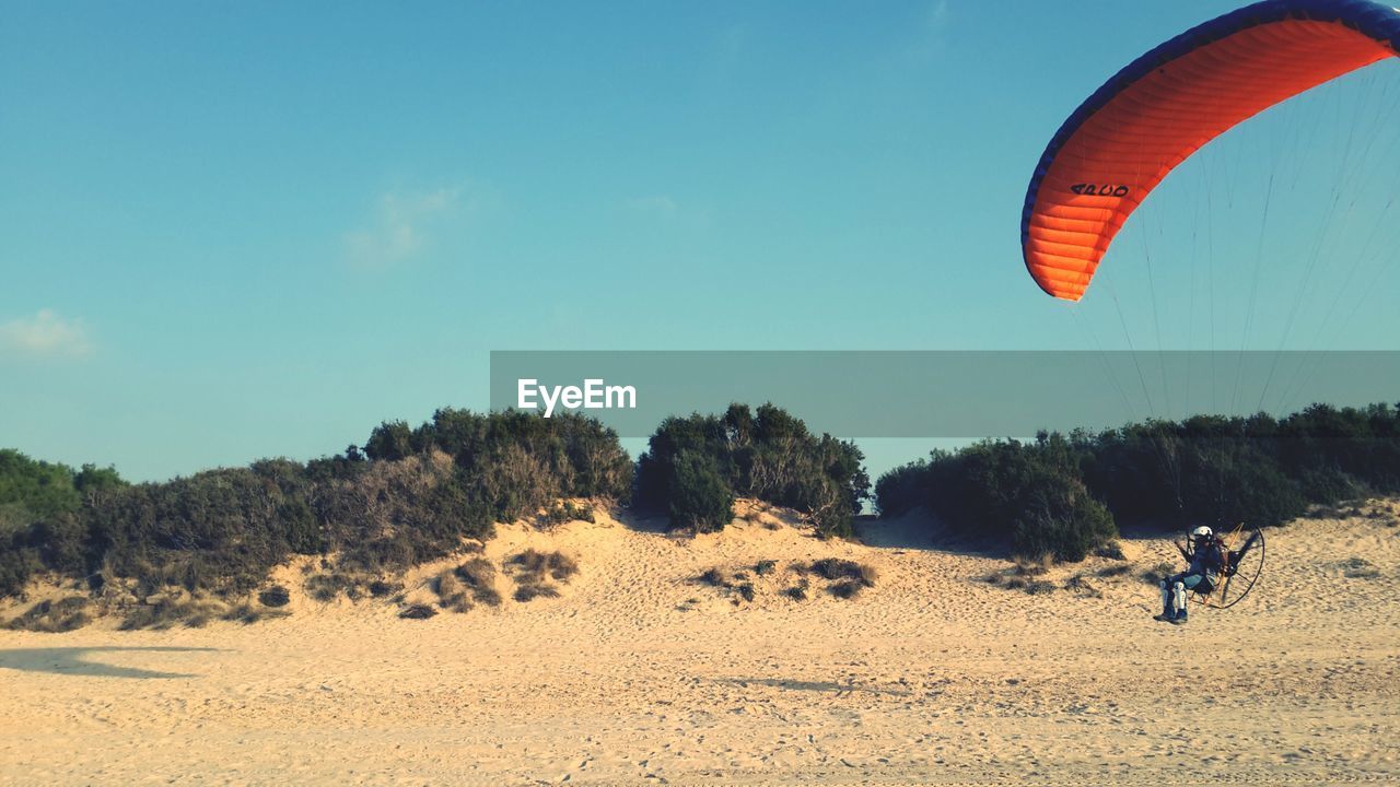 Person paragliding at beach against blue sky