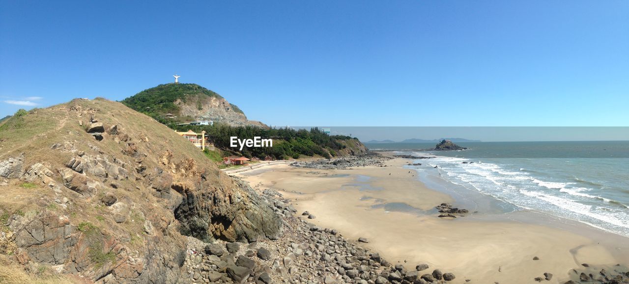 PANORAMIC VIEW OF BEACH AGAINST CLEAR BLUE SKY