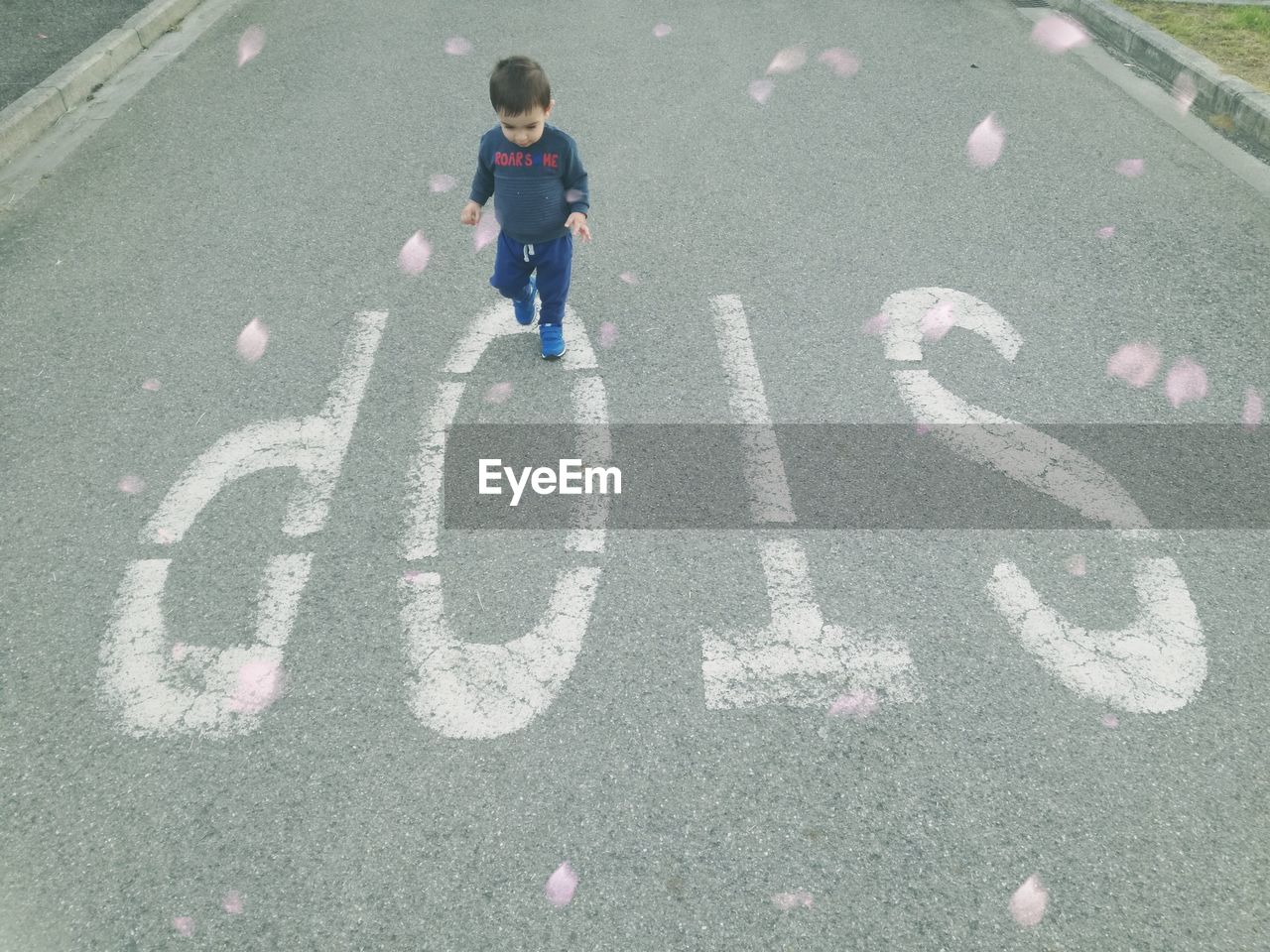 High angle view of baby boy walking on road