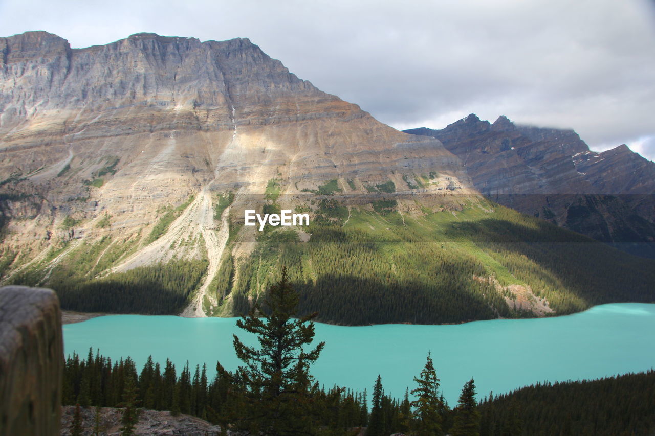 Scenic view of lake and mountains against sky