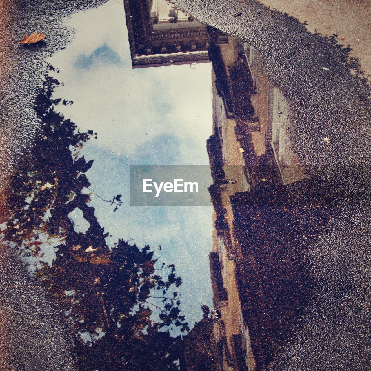 Building and sky reflecting in puddle on street