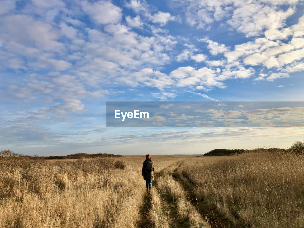 Rear view of woman walking on field against sky