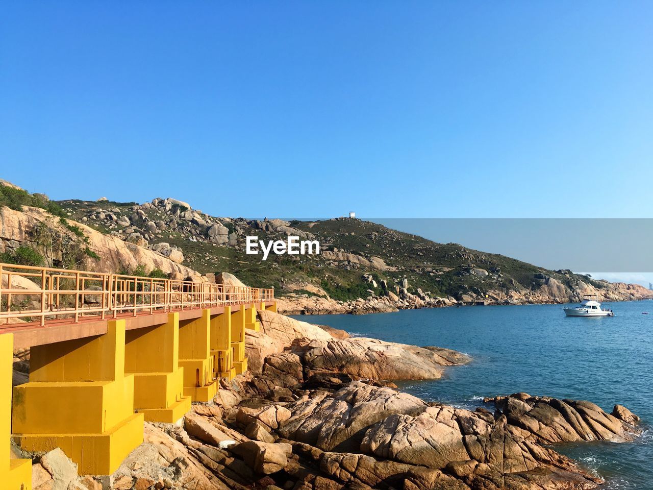 Scenic view of sea against clear blue sky