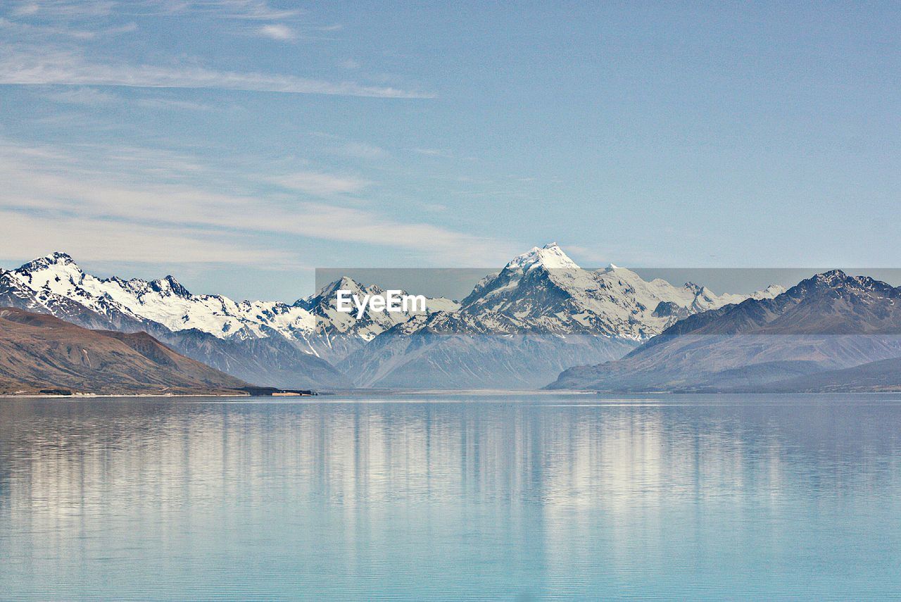 Scenic view of lake and mountains against sky