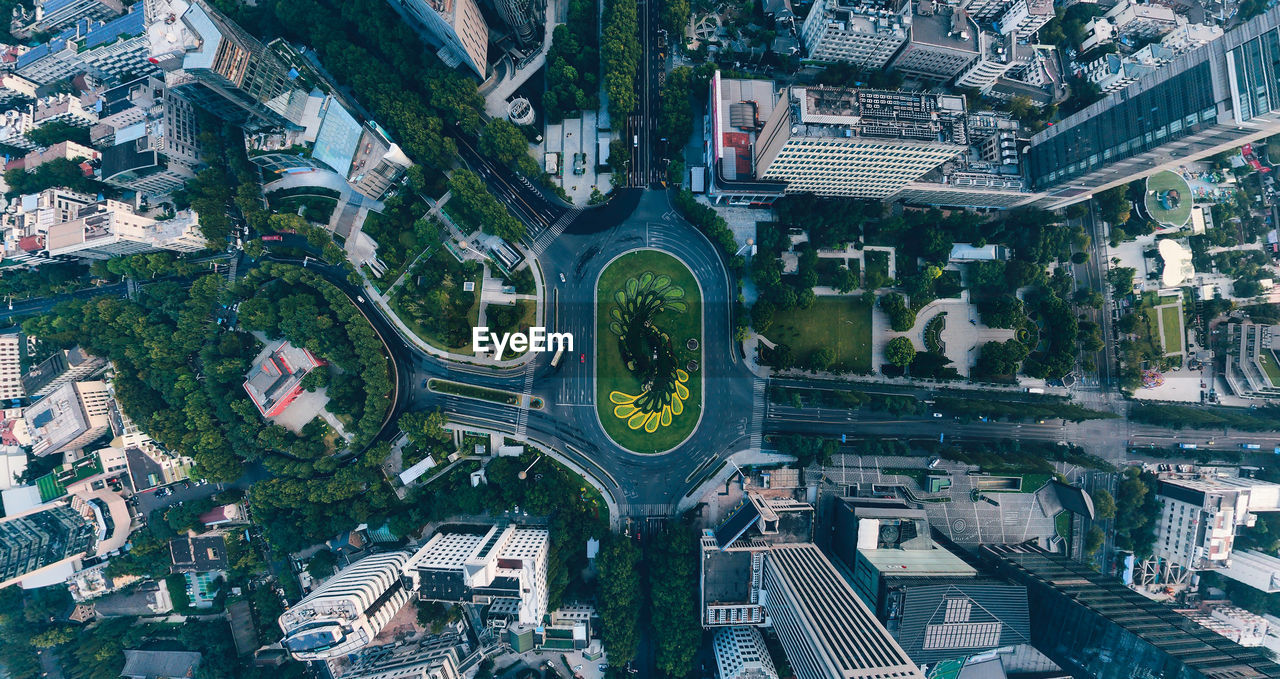 High angle view of street amidst buildings in city